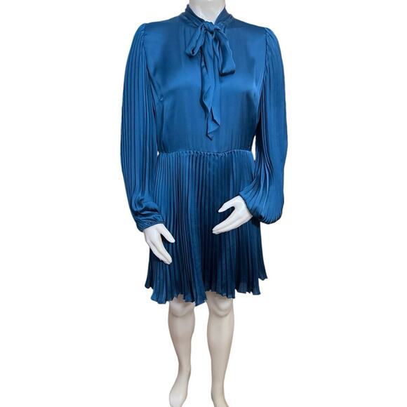 Monique Lhuillier Pleated Dress With Necktie Ceramic Blue Size 10 - Picture 1 of 11